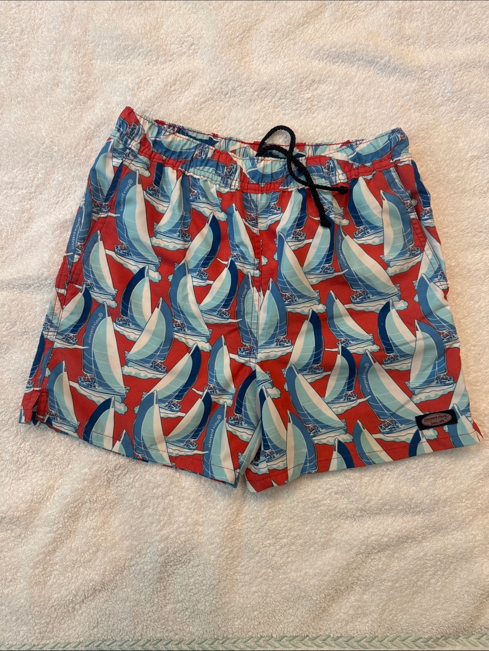 Vineyard Vines Red Sailboat Print Swim Trunks size 7